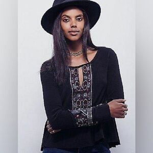 Rare Free People x Marion Black Vintage Embroidered Thermal Top Small